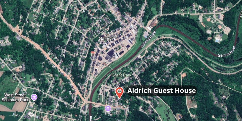 Map showing the location of Aldrich Guest House in Galena, Illinois along the Galena River.